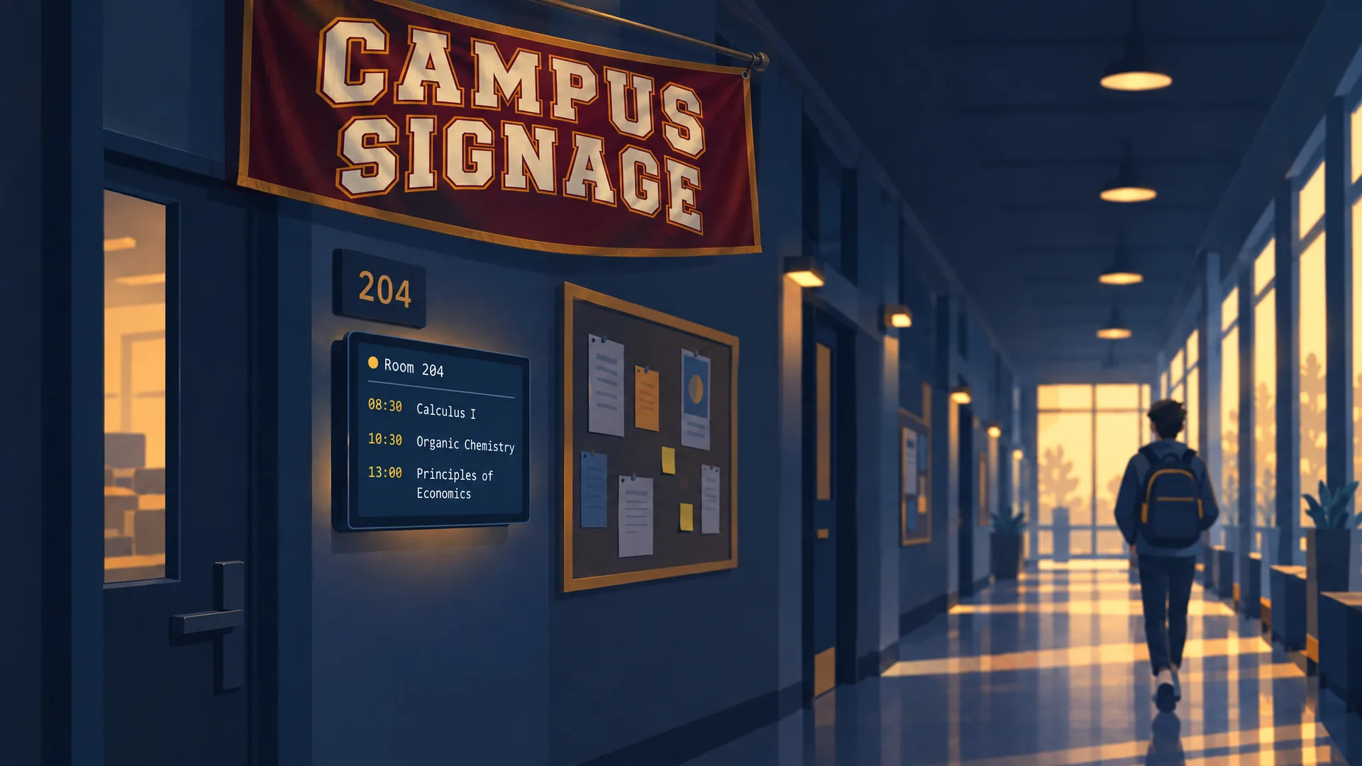 The screen outside Room 204 showing today’s schedule