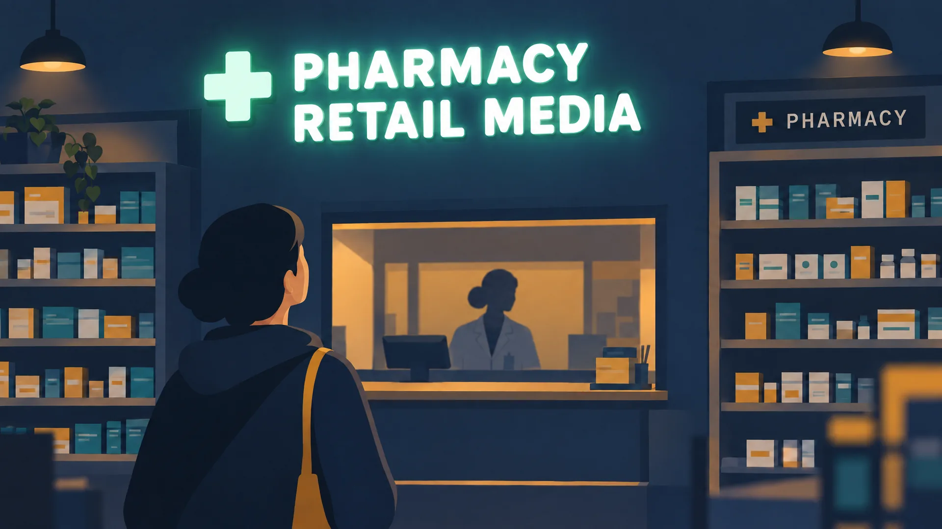 A pharmacy-counter screen showing a flu-shot slide