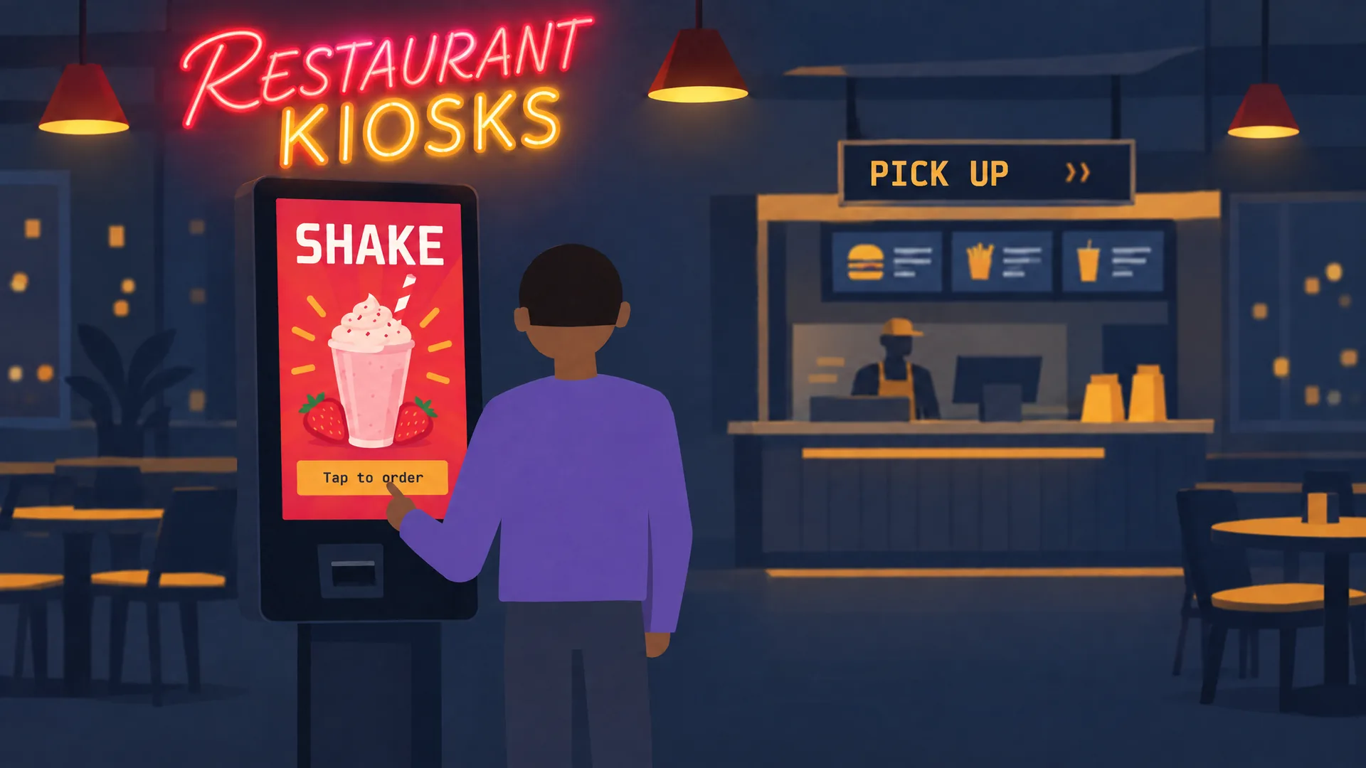 A portrait self-order kiosk playing a shake promo